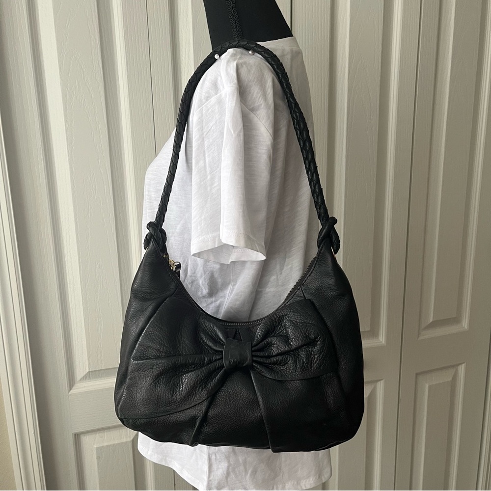 Black Leather Bow Shoulder Bag